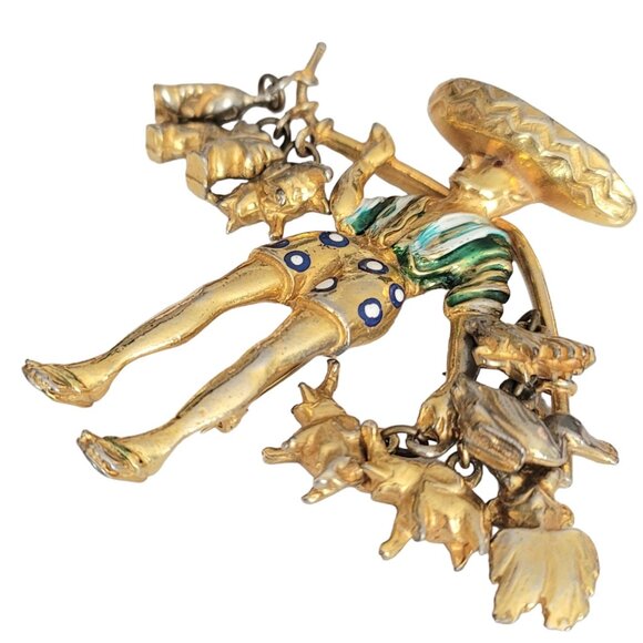 Rice Weiner 1940’s Asian Farmer Carrier Man Animal Charm Brooch K593 - Picture 4 of 10